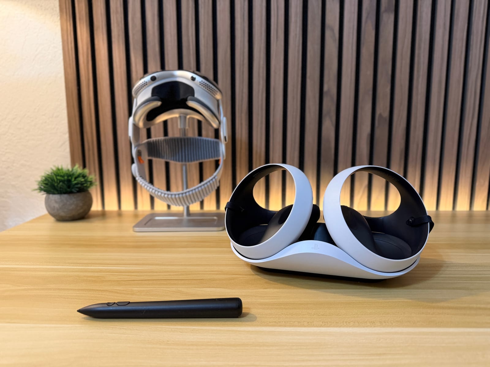 A spatial headset and motion controllers arranged for testing